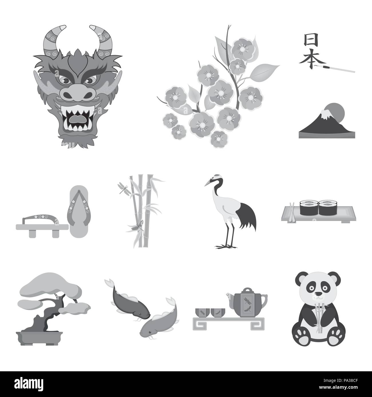 Paese Giappone icone monocromatiche in set di raccolta per design.Il Giappone e landmark simbolo vettore illustrazione stock. Illustrazione Vettoriale