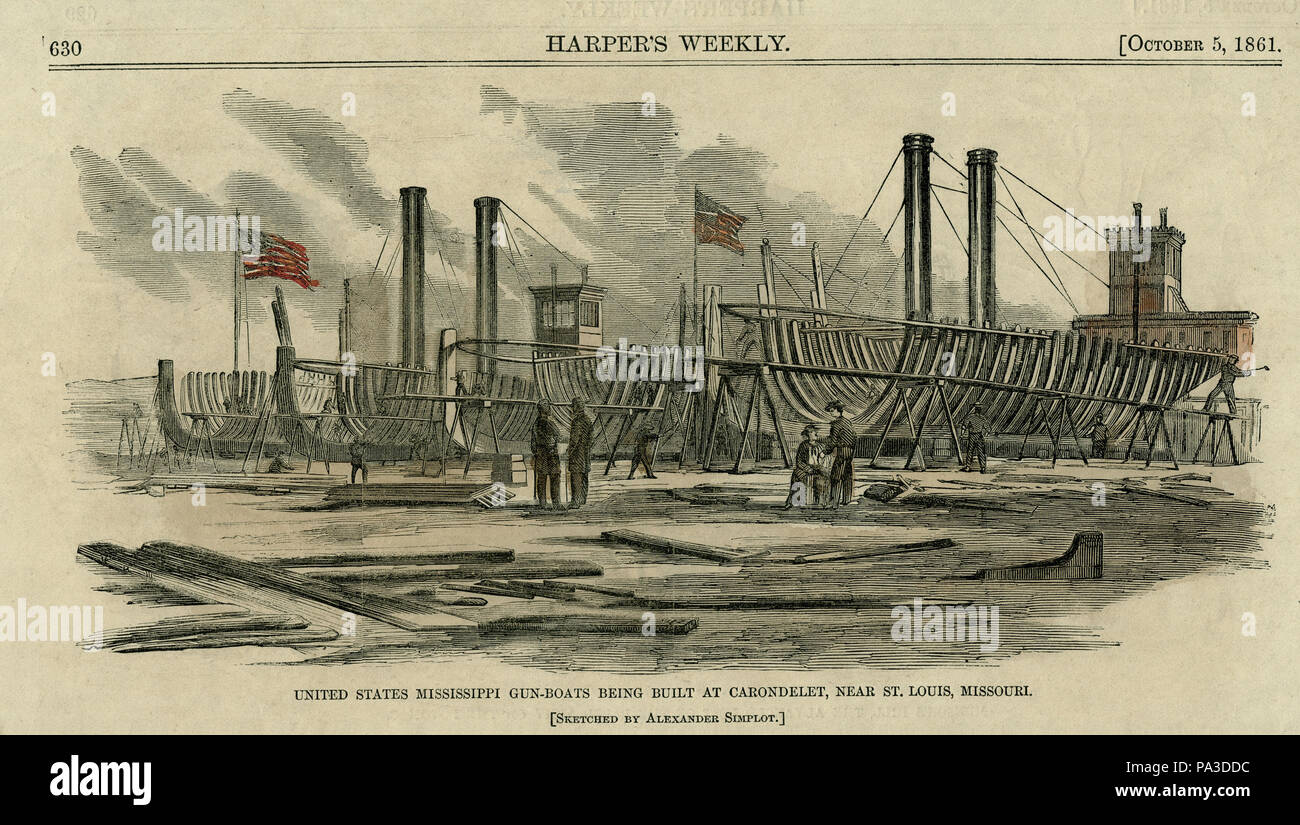 6 "Stati Uniti Mississippi Gun-Boats essendo costruito a Carondelet, vicino a St. Louis, Missouri." Foto Stock