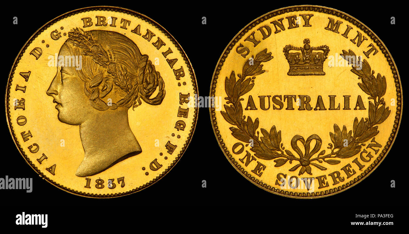 . Inglese: Australia 1857 sovrano (prova) . 1857 (moneta), 2010 (immagine) 168 Australia 1857 sovrano (prova) Foto Stock