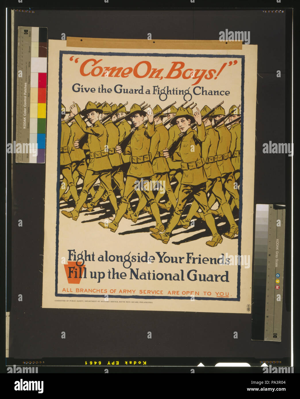 . Inglese: Titolo: "Vieni, ragazzi!' conferiscono la guardia a combattimenti possibilità astratto: la Guardia Nazionale il reclutamento di poster che mostra gli uomini in uniforme militare marching. Descrizione fisica: 1 stampa (poster) : Litografia, colore. Note: Rilasciato(?) Da: Comitato di pubblica sicurezza, Dipartimento di Servizio Militare, Sud Penn Square, Philadelphia.; Poster caption continua: Tutti i rami del servizio militare sono aperti per voi. Tra il 1917 e il 1919 2 "Vieni su, ragazzi!" forniscono la protezione una lotta contro la possibilità LCCN00651606 Foto Stock