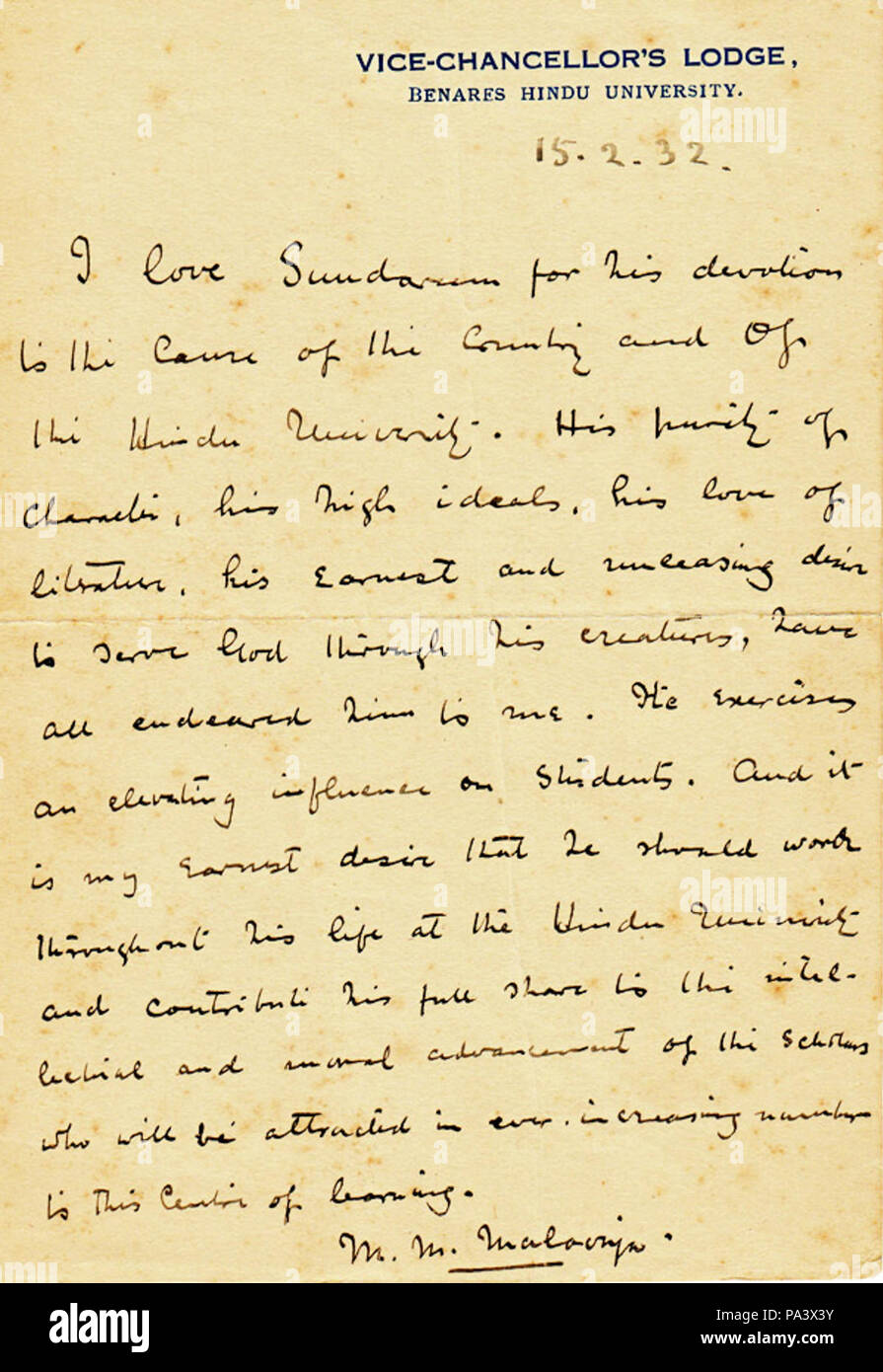 120 Certificato Madan Mohan Malaviya a V. A. Sundaram 1932 Foto Stock