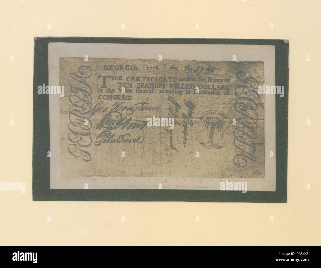 707 Georgia argento Certificato N 1745 e datata 1776 Annuncio certificato per dieci spagnolo macinato di dollari (HS85-10-20469) originale Foto Stock