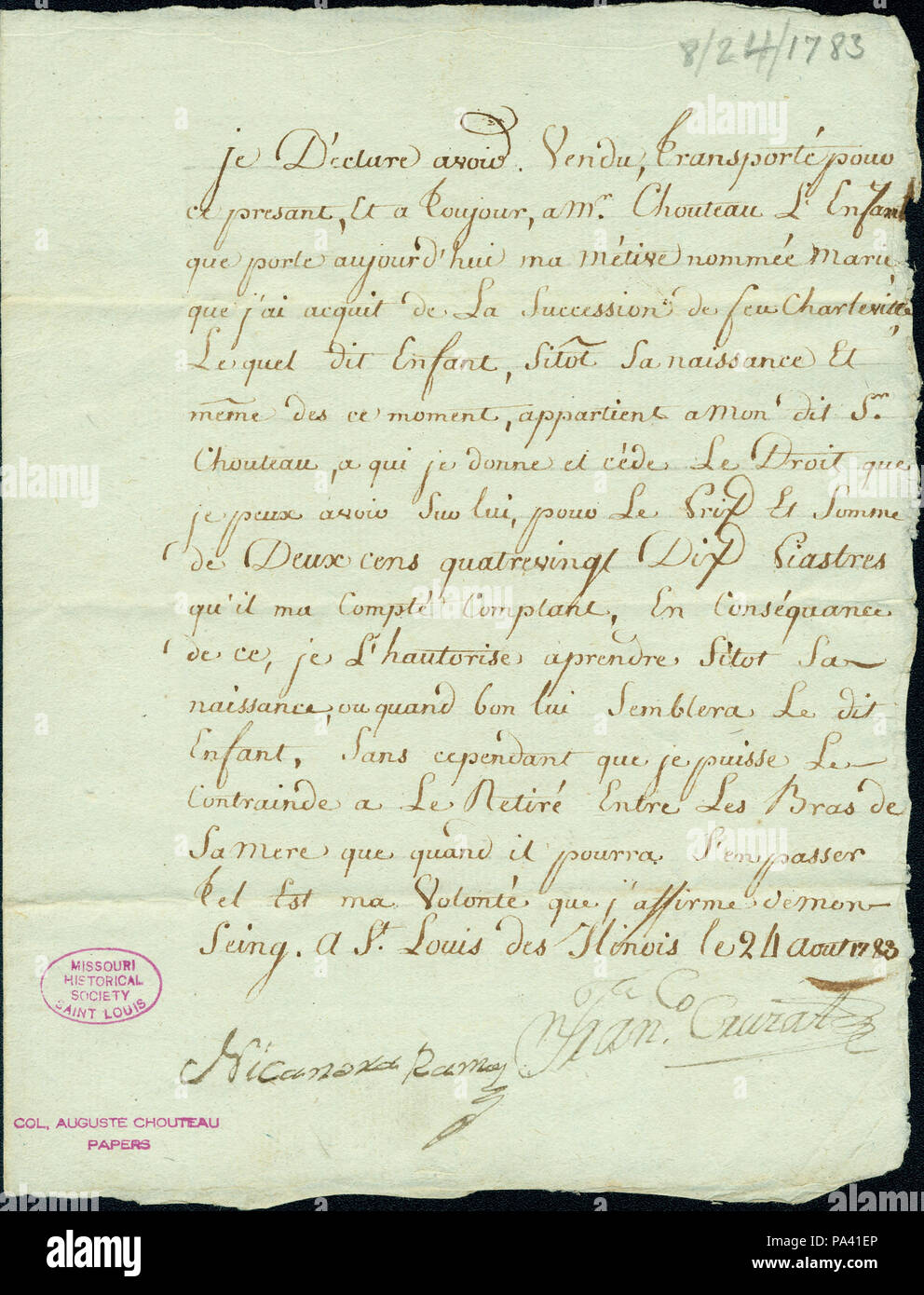 203 fattura di vendita del neonato Marie, appartenenti a Charleville, ad agosto Chouteau, firmato Francisco Cruzat, 24 agosto 1783 Foto Stock