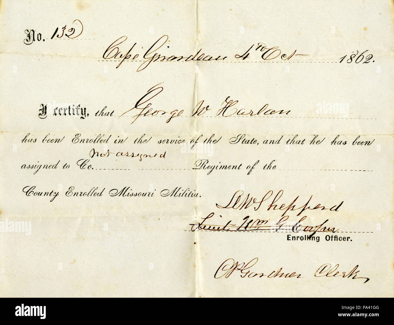 294 certificazione di iscrizione di George W. Harlan, Cape Girardeau, firmato D. W. Shepperd, 4 ottobre 1862 Foto Stock