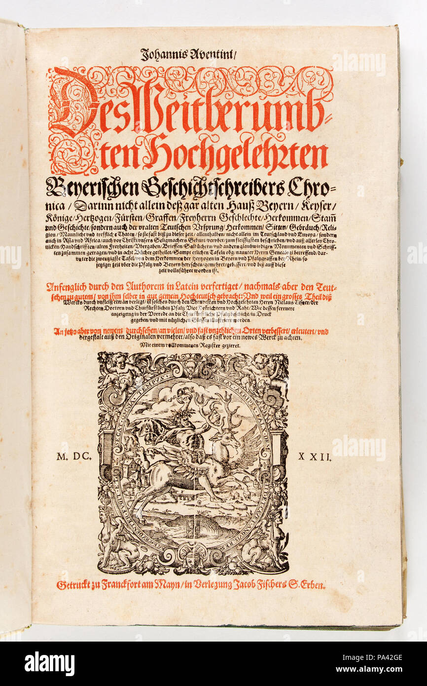 Wr hist.40 fol 314 Titelblad, "...Chronica, darinn nicht allein desz gar alten Hausz Beyern, Keyser, Könige..." - Skoklosters slott - 93346 Foto Stock