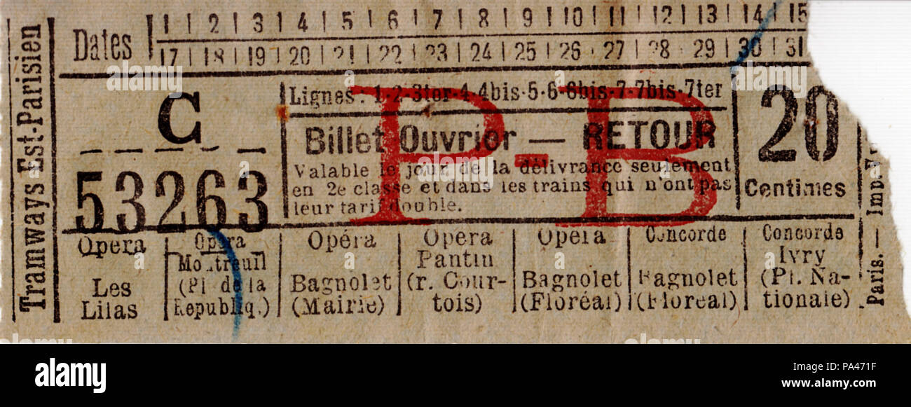 203 billetta Est Parisien tarif ouvrier Foto Stock