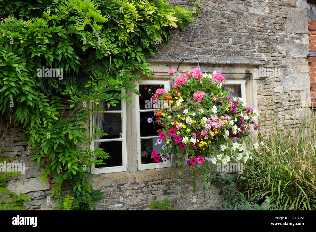 Nei cestini appesi nel villaggio di Lacock nel Wiltshire, Inghilterra. Foto Stock