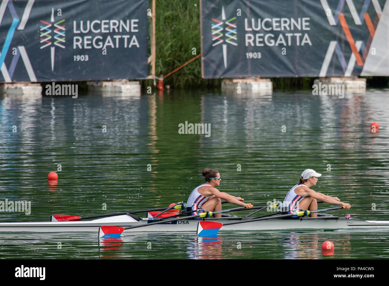 Lucerna, Svizzera, 15 luglio 2018, Domenica, leggero donna skiff doppio, 'semi-Final', Repechage 1' ' USA LW2X. Bow, Emily SCHMIEG' e 'Mary JONES', FISA World Cup III Lago Rotsee, © Peter SPURRIER, Foto Stock