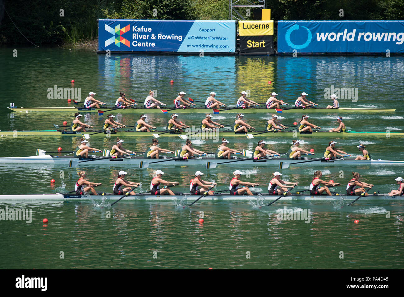 Lucerna, Svizzera, 13 luglio 2018, Venerdì, top USA W8+, zona di avvio, Victoria OPITZ, GIA DOONAN, Emily REGAN, Felice MUELLER, Dana MOFFAT, Tracy EISSER, Kristine O'Brien, Olivia COFFEY e cox Katelin GUREGIAN, FISA World Cup series, No.3, Lago Rotsee, © Peter SPURRIER/Alamy Live News Foto Stock