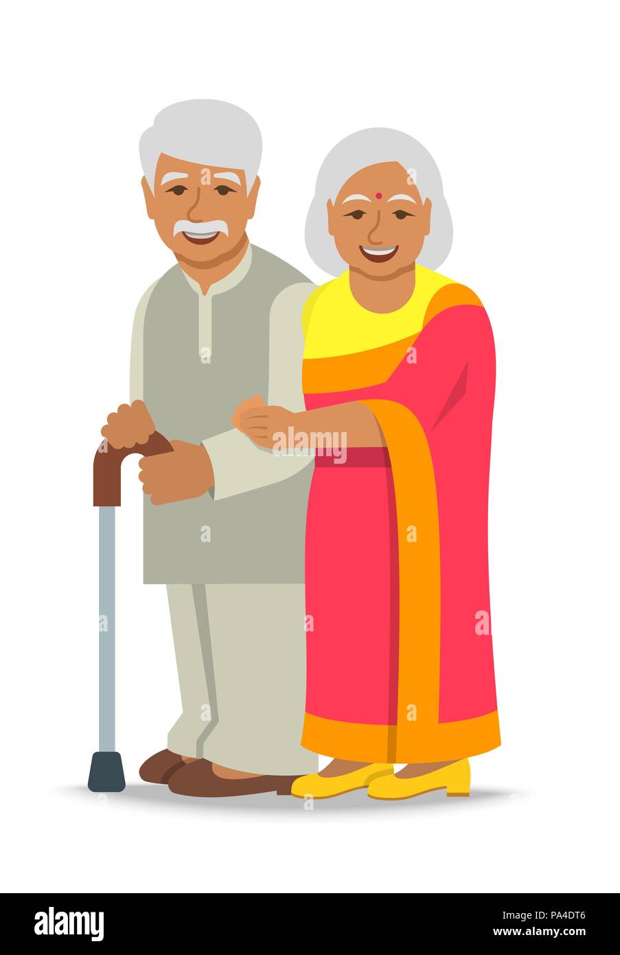 Vecchia coppia sta insieme. Anziani donna indiana in sari detiene il marito braccio. Vettore illustrazione piana. Uomo più anziano si appoggia sul bastone. Sorridenti senio Illustrazione Vettoriale