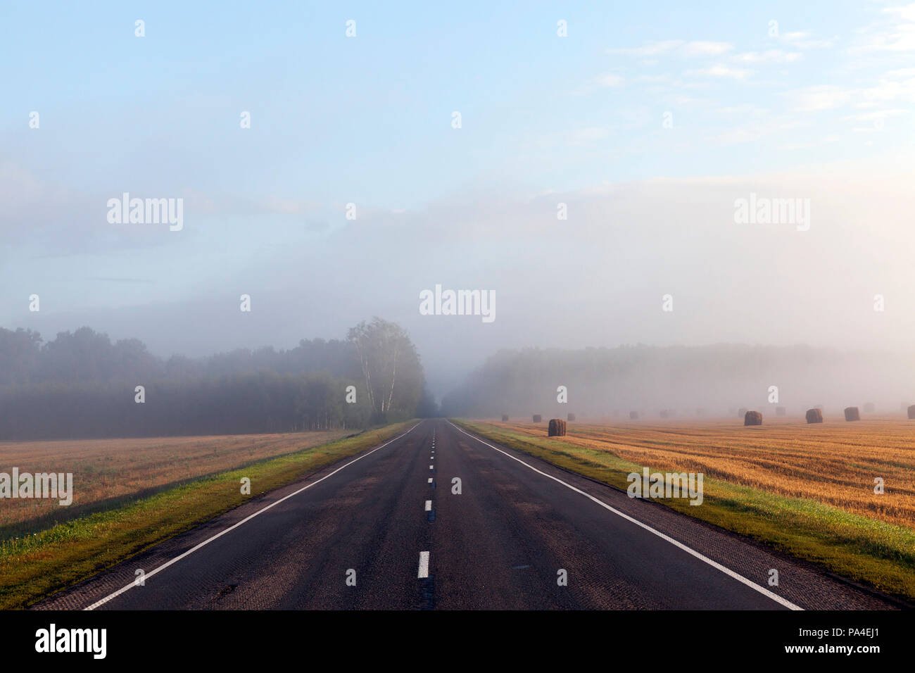 Paesaggio autunnale con la strada forestale e durante la nebbia, durante la stagione estiva, campo a destra con pile di paglia di cereali Foto Stock