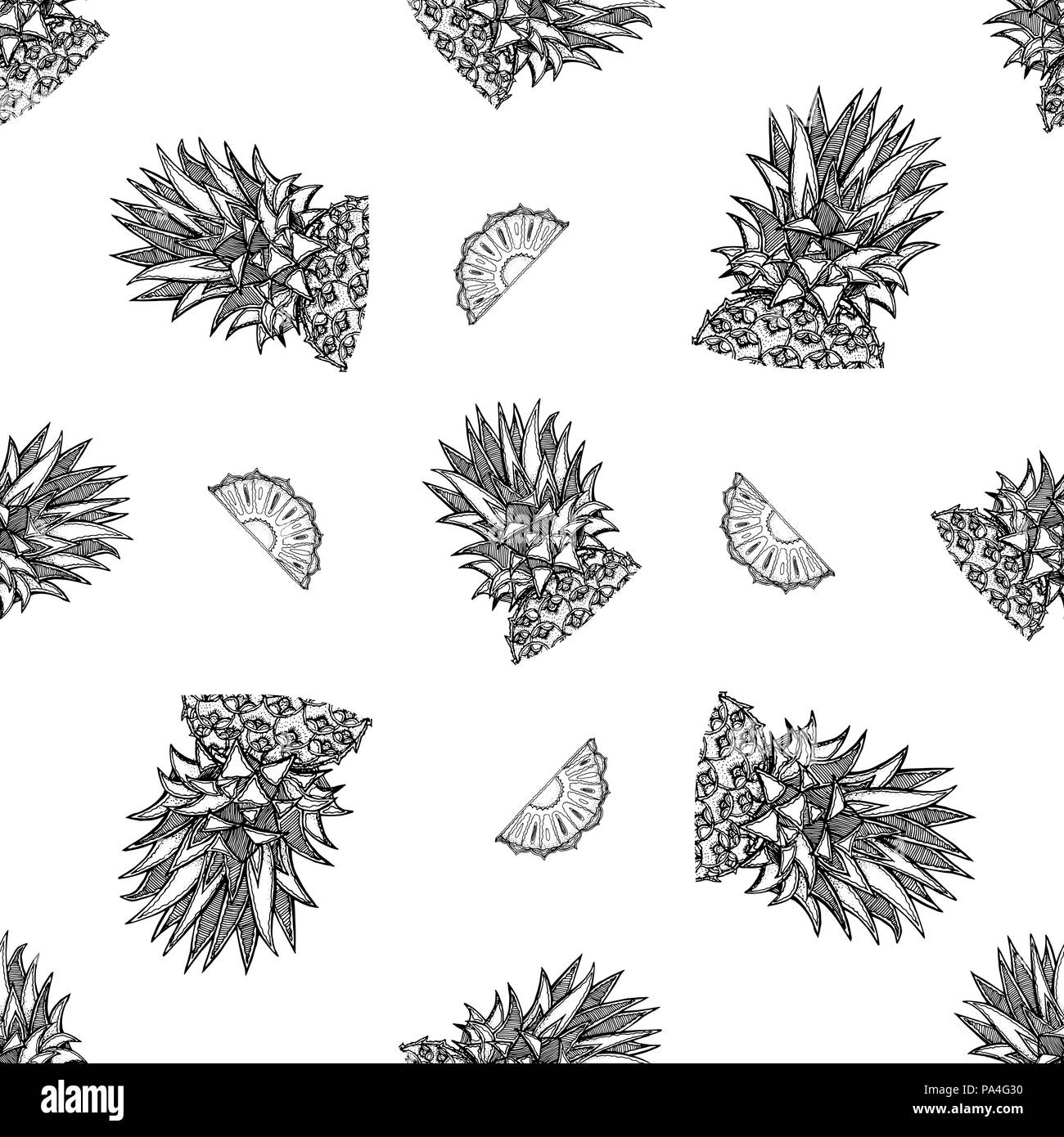 Modello senza giunture di mano il bozzetto style fette di ananas. Illustrazione Vettoriale. Illustrazione Vettoriale