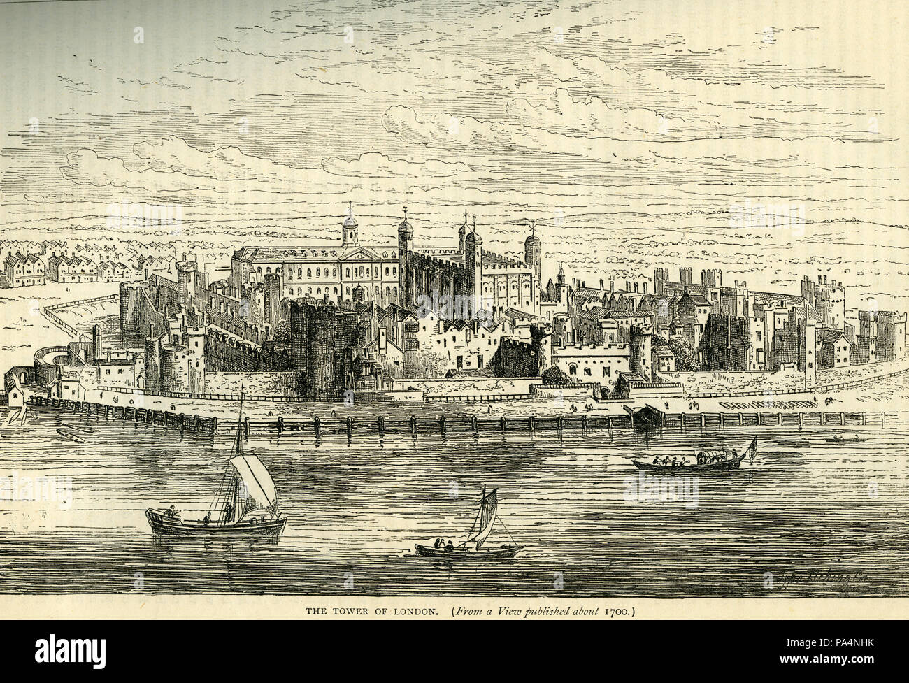 Incisione che mostra la Torre di Londra vista dall'altra parte del Tamigi dalla Torre di Londra Excerpts, Old e New London 1878 Foto Stock
