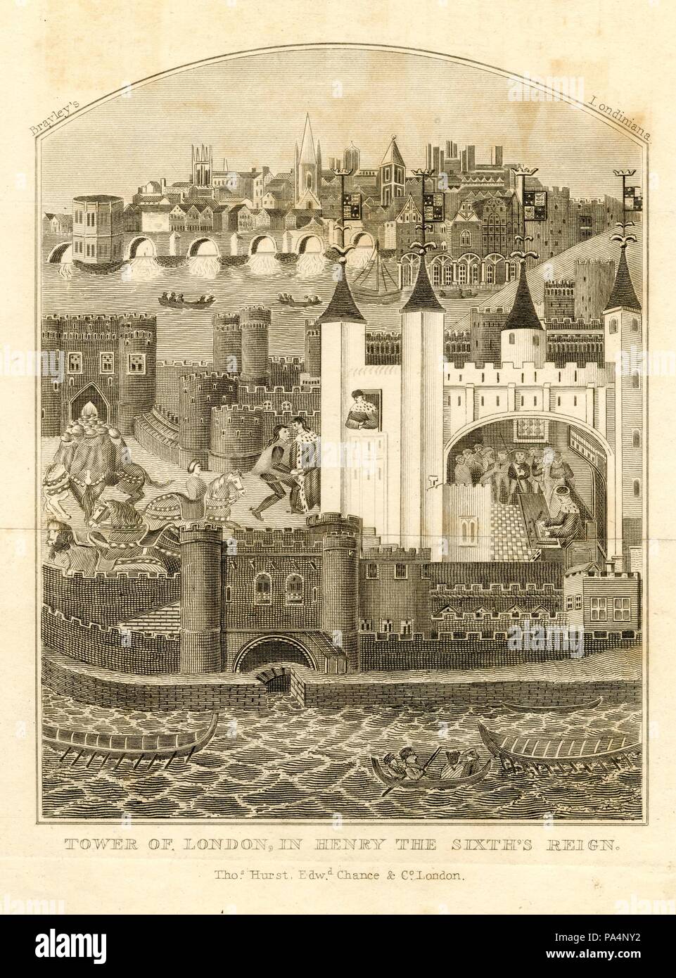 Incisione in acciaio intitolata "la Torre di Londra nel regno di re Enrico il vi", all'inizio del XIX secolo, in Gran Bretagna Foto Stock