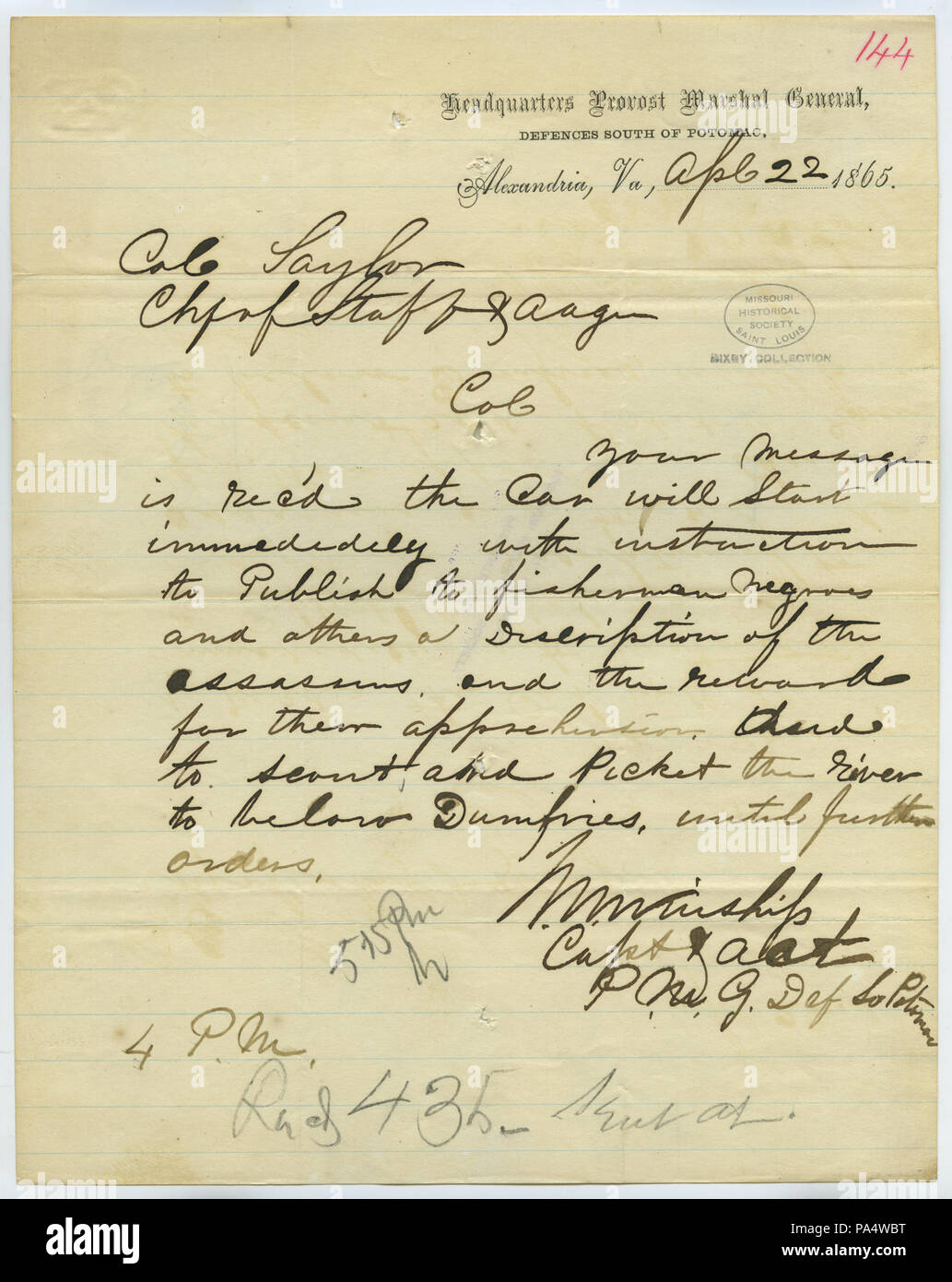 347 Copia contemporanea del telegramma di M. Winship, sede Provost Marshal General, difese a sud del Potomac Alexandria, Virginia, al Col. Taylor, CHF. del Personale e A.A.G., 22 aprile 1865 Foto Stock