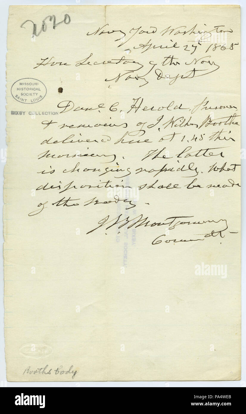 347 Copia contemporanea del telegramma di J.B. Montgomery, Navy Yard, Washington, per l'on. Il segretario della Marina (Gideon Welles), il Dipartimento della Marina, 27 aprile 1865 Foto Stock