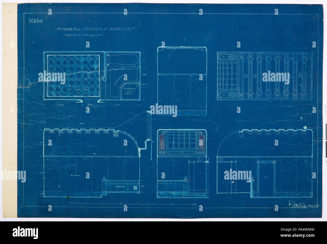 Inv.nr:LXIV:III:B.b.b.77. 22 Arbetsritning för fastigheten nr 4 Hamngatan. Inredning badrummet av, blueprint - Hallwylska museet - 105254 Foto Stock