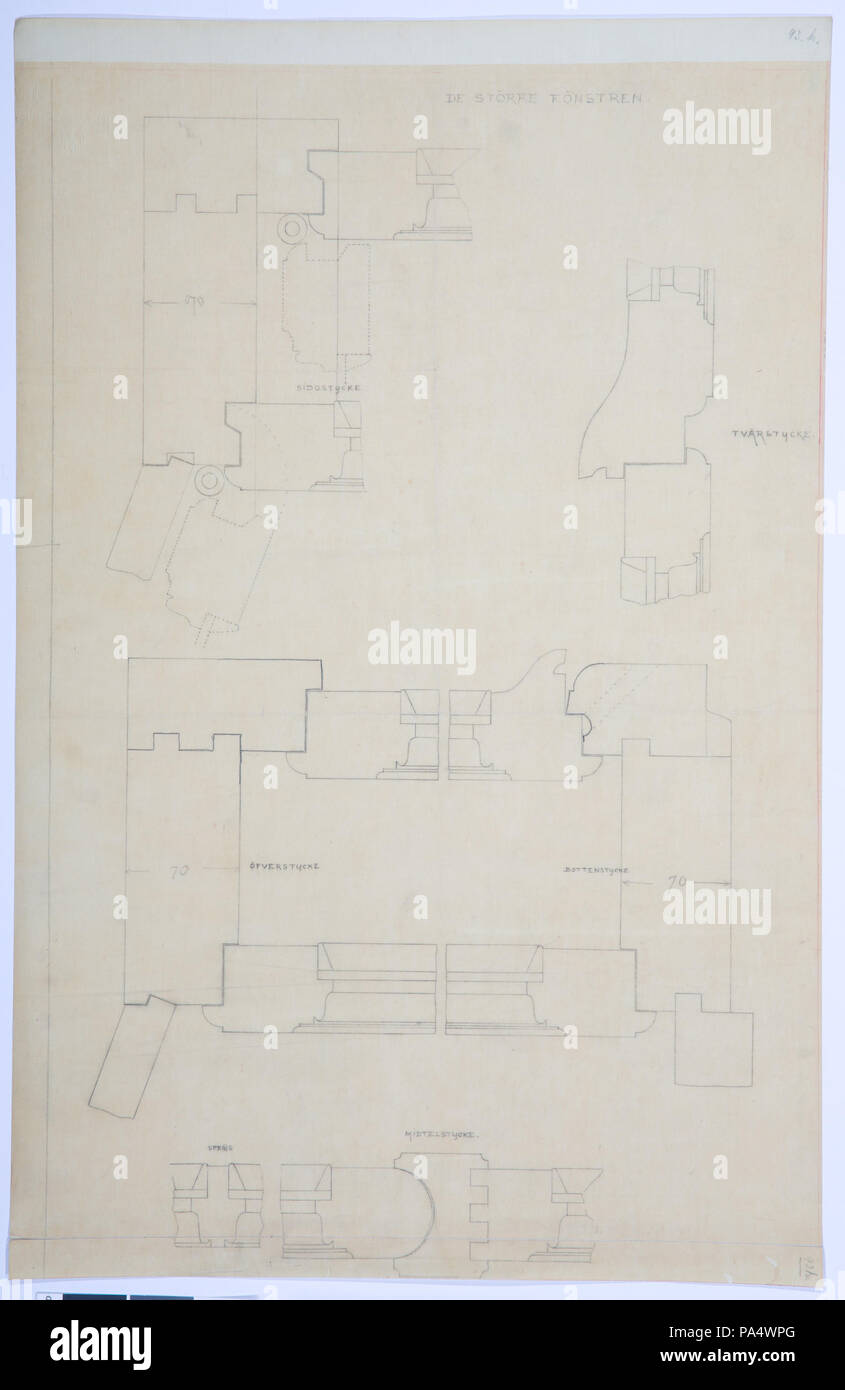 Inv.nr:LXIV:III.B.b.b.93h. 22 Arbetsritning för de större fönstren, för fastigheten nr 4 Hamngatan - Hallwylska museet - 108700 Foto Stock
