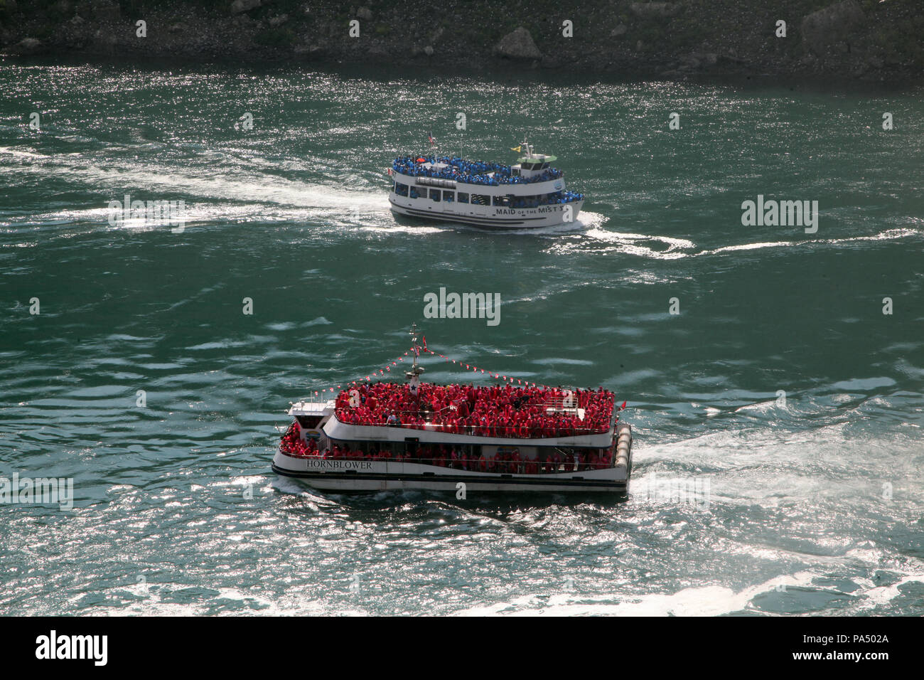La Domestica della Foschia VI & L Hornblower imbarcazioni turistiche a Niagara Falls, Ontario, Canada Foto Stock