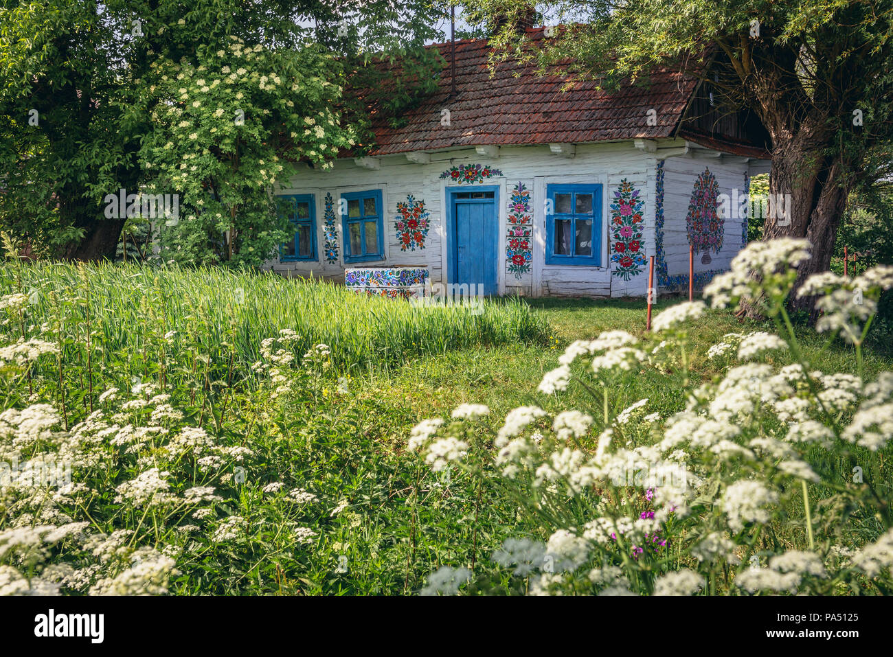 Vecchia casa in villaggio Zalipie in Polonia, noto per la sua tradizione locale di dipinti floreali reso famoso dalla popolare artista Curylowa Felicja Foto Stock