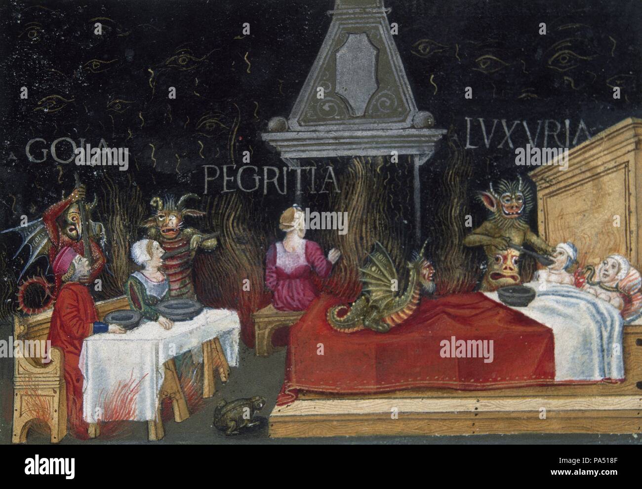 El fin del mundo y el Juicio universale: Las Penas del infierno para los lujuriosos, perezosos glotones y. Página miniada del Códice de Predis. Renacimiento-Quattrocento (siglo XV). Biblioteca Reale. Turín. Italia. Foto Stock