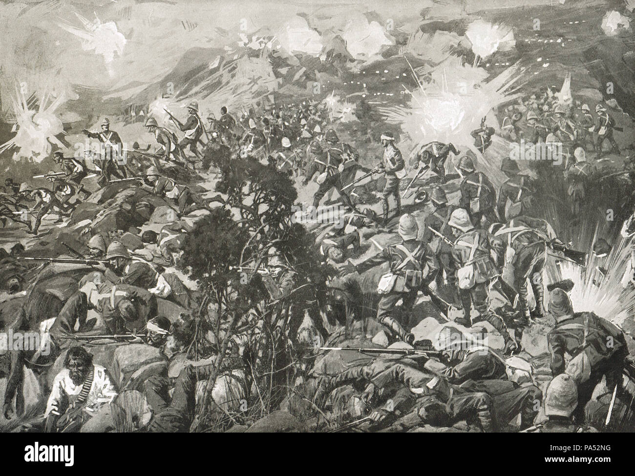 La difesa di Spion Kop, Battaglia di Spion Kop, Seconda guerra boera, 23-24 gennaio 1900, Natal, Sud Africa Foto Stock