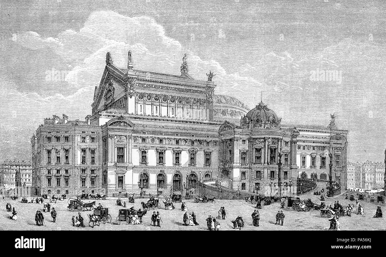 Incisione vintage, Palais Garnier opulento opera house a Parigi,vista laterale Foto Stock