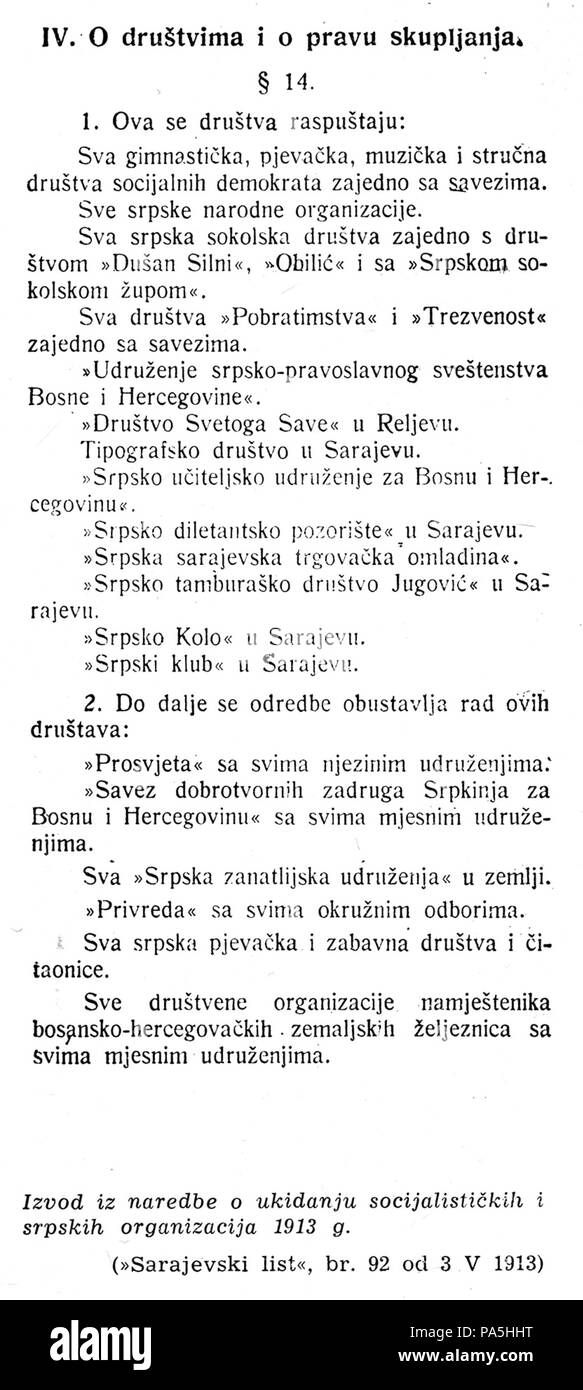 32 1913 austro-ungarico divieto di ordine culturale serba missionarie in Bosnia Foto Stock