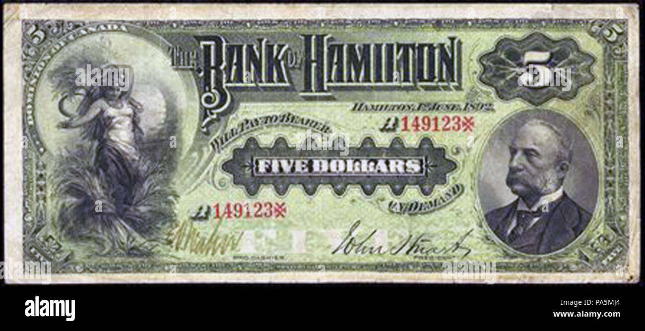 . Inglese: Banca di Hamilton $5 nota, 1892. La Banca di Hamilton ha cominciato in 1872. In oltre cinquant anni di storia ha pubblicato molte bollette prima di fondere le sue 157 filiali con il Canadese di commercio Banca. 74 96 1 b Foto Stock