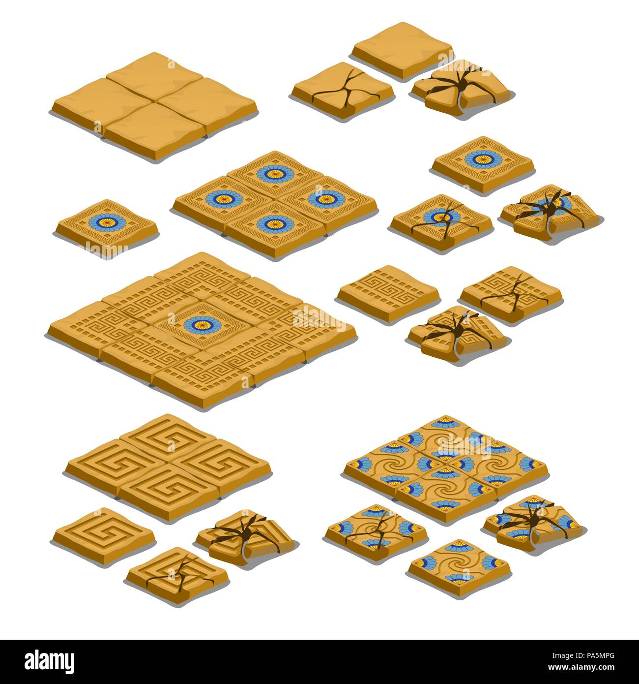 Set di tutta crepata e piastrelle isolati su sfondo bianco. Vector cartoon close-up illustrazione. Illustrazione Vettoriale