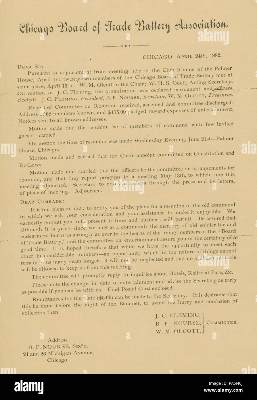 314 Lettera Circolare di J.C. Fleming, B.F. Nourse e W.M. Olcott, Chicago Board of Trade Associazione della batteria, Chicago, 24 aprile 1882 Foto Stock