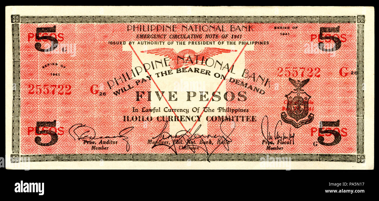 198 PHI-S316-Philippine National Bank-5 Pesos (1942), secondo la stampa Foto Stock