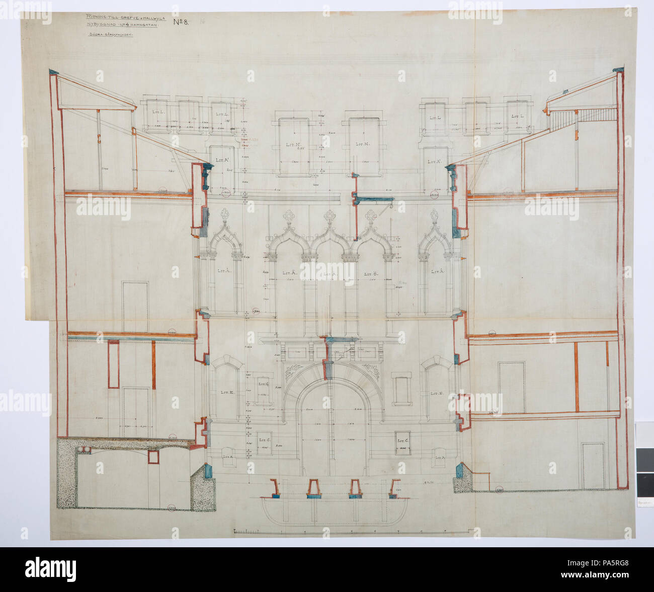 Inv.nr:LXIV:III:B.b.b.16a. 22 Arbetsritning, fastigheten nr 4 Hamngatan. Södra gårdsfasaden - Hallwylska museet - 105267 Foto Stock