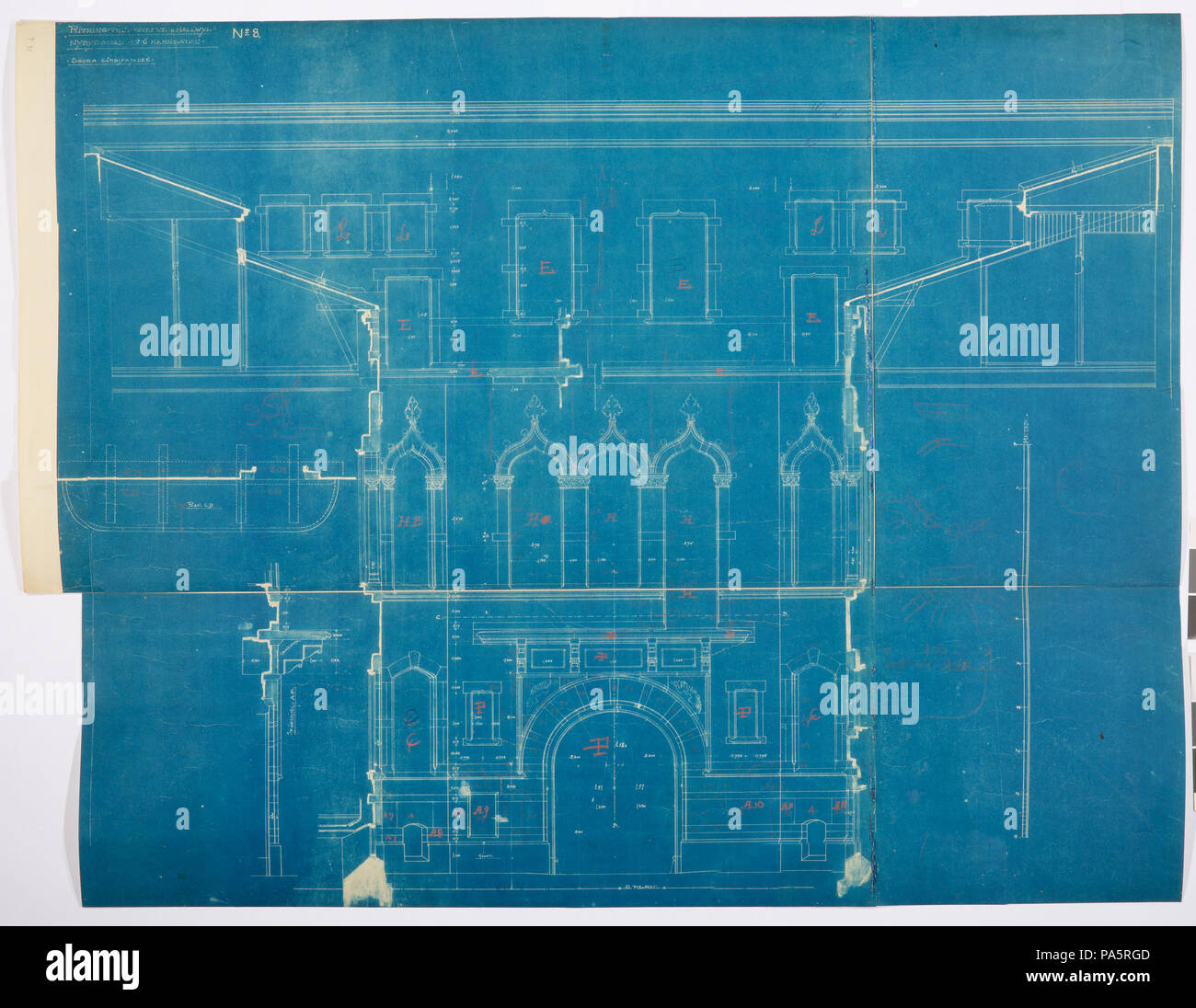 Inv.nr:LXIV:III:B.b.b.16b. 22 Arbetsritning, fastigheten nr 4 Hamngatan. Södra gårdsfasaden, blueprint - Hallwylska museet - 105268 Foto Stock