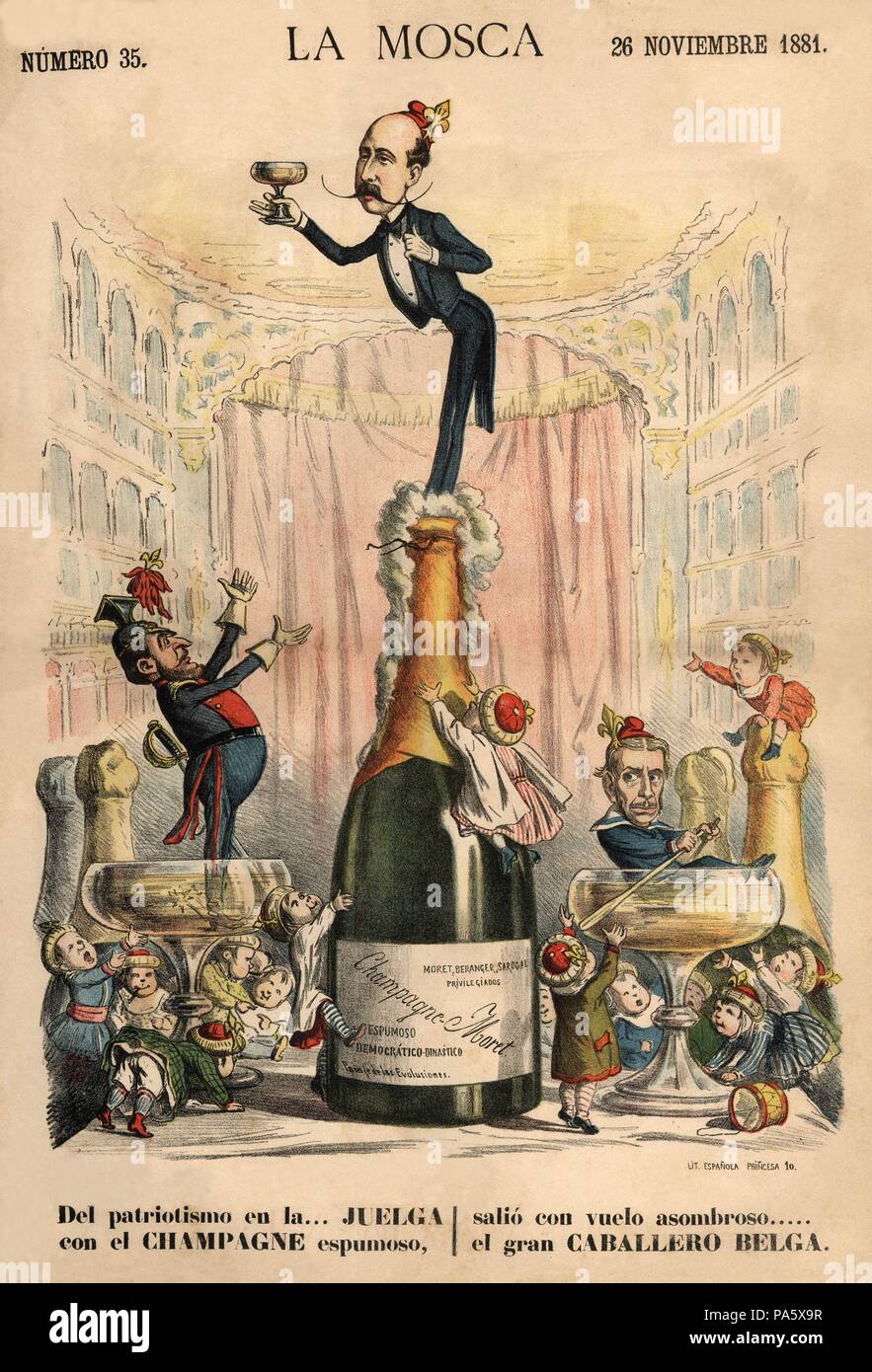 Ilustración satírico política publicada en la Mosca, noviembre de 1881. Ángel Carvajal Fernández de Córdoba (1841-1898), Marqués de Sardoal, Segismundo Moret Prendergast (1833-1913), y José María Beránger Ruiz de Apodaca (1824-1907), políticos españoles duranti el período de la restauración borbónica. Foto Stock