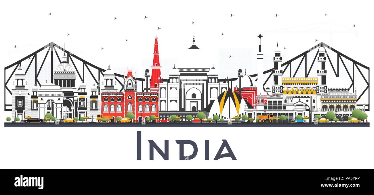 India skyline della città con edifici di colore isolato su bianco. Delhi. Hyderabad. Kolkata. Illustrazione Vettoriale. Illustrazione Vettoriale