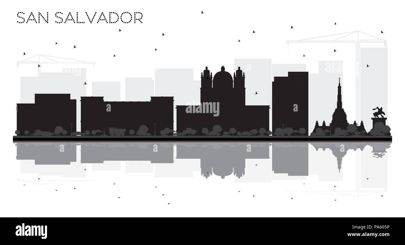 San Salvador skyline della città in bianco e nero con silhouette riflessioni. Illustrazione Vettoriale. Illustrazione Vettoriale