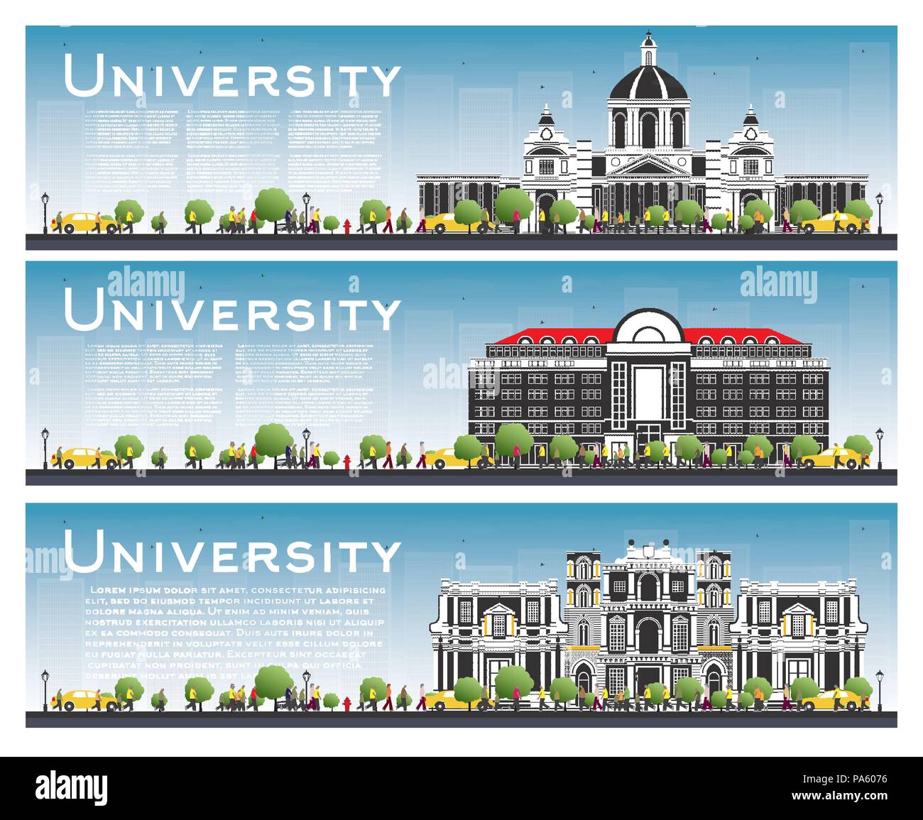 Set di Campus Universitario Studio banner. Illustrazione Vettoriale. Agli studenti di accedere all'edificio principale dell'Università. Skyline con cielo blu e verde albero. Illustrazione Vettoriale