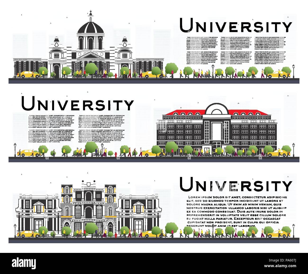 Set di Campus Universitario Studio Banner isolato su bianco. Illustrazione Vettoriale. Agli studenti di accedere all'edificio principale dell'Università. Skyline con albero verde Illustrazione Vettoriale