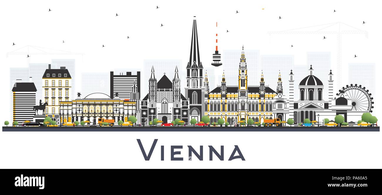 Vienna Austria dello skyline della città con edifici di colore isolato su bianco. Illustrazione Vettoriale. Illustrazione Vettoriale