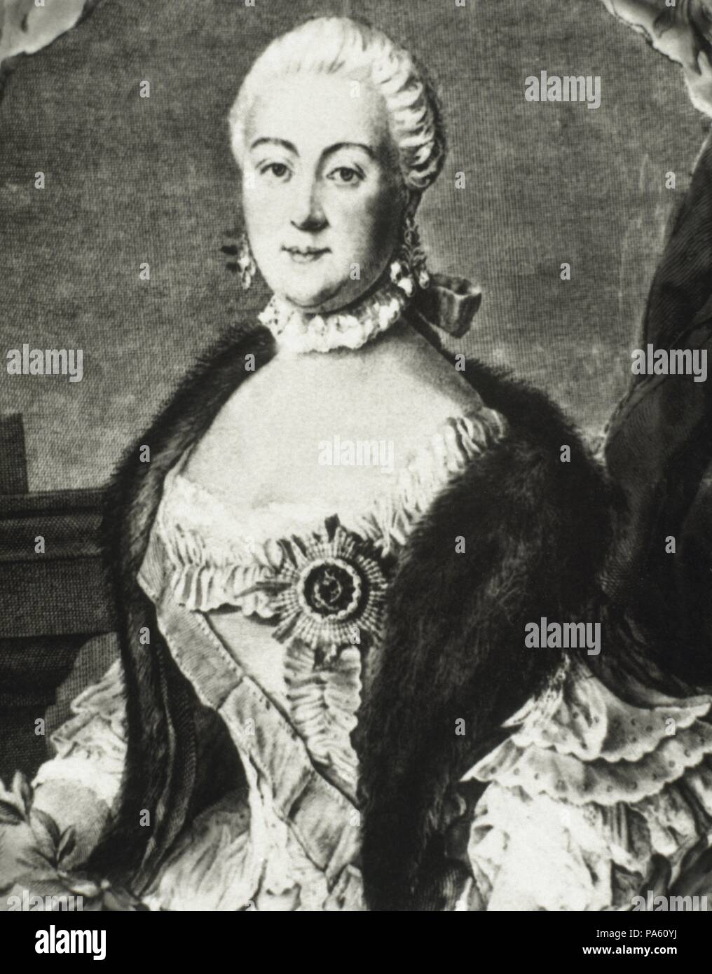 Catalina II "la grande' (Stettino, attuale Polonia, 1720-San Petersburgo, 1796). Princesa alemana de la dinastía Anhalt-Zerbst. Emperatriz de Rusia (1762-1796). Esposa de Pedro III a quien hizo asesinar para el arrebatarle trono. Retrato realizado por Ivan Argunov en 1762. Grabado. Foto Stock