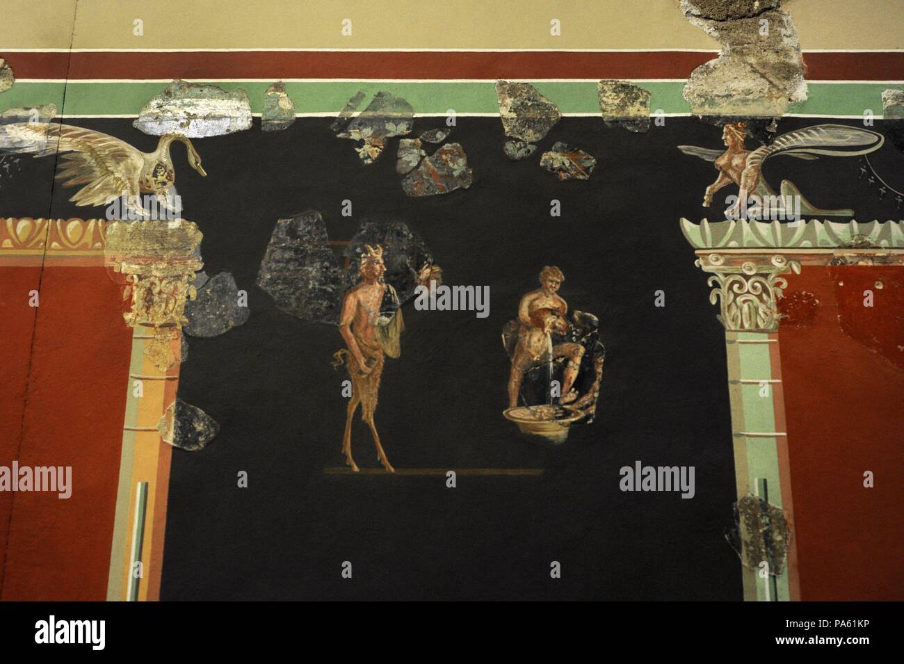 Pittura murale raffigurante una scena bacchic, tipica decorazione della Northwestern province dell'Impero Romano. Appartenente a una lussuosa villa romana rinvenuti a sud della cattedrale di Colonia, Germania. Museo Roman-Germanic. Colonia. Germania. Foto Stock