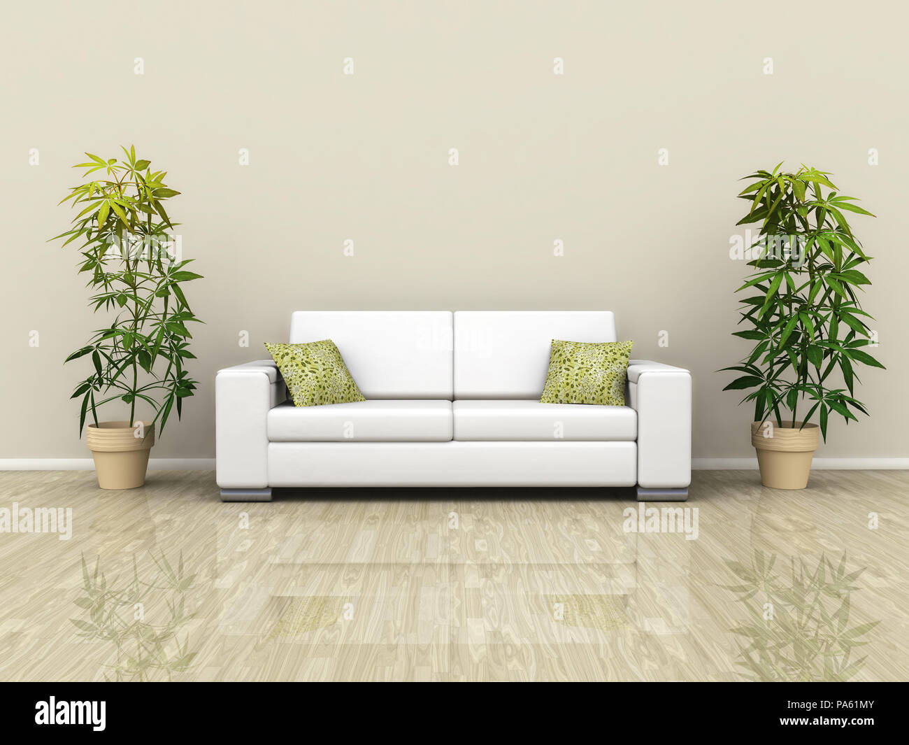 Una illustrazione di un divano bianco con piante Foto Stock