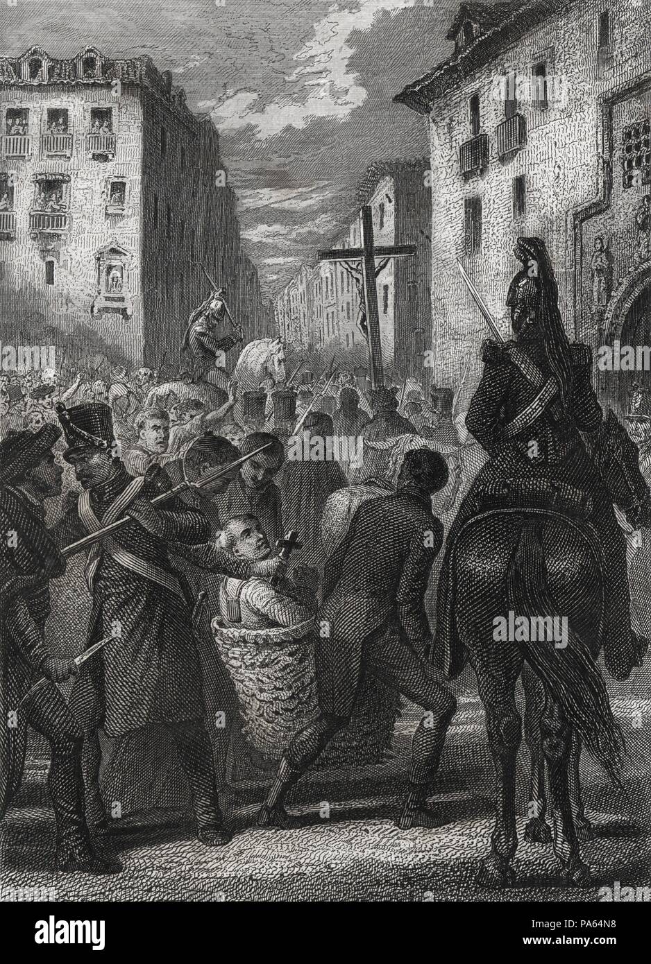 España. Suplicio de Rafael del Riego Flórez (1784-1823), militar y político español liberale, arrastrado en onu serón por las calles de Madrid hasta el patíbulo donde fue ahorcado y decapitado tras haber sido sentenciado a muerte por traición alta. Grabado de 1864. Foto Stock