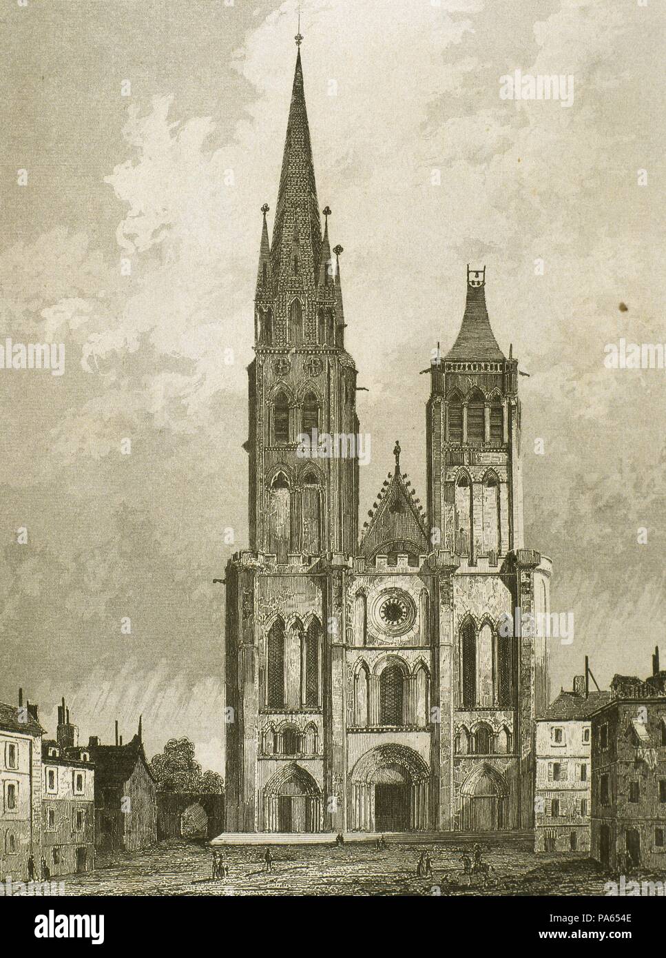 Catedral de Saint Denis, en las cercanías de París, Francia. Su construcción comenzó A mediados del siglo XII. Dibujo por Gaucherel. Grabado, 1841. "Panorama Universal-Francia'. Foto Stock
