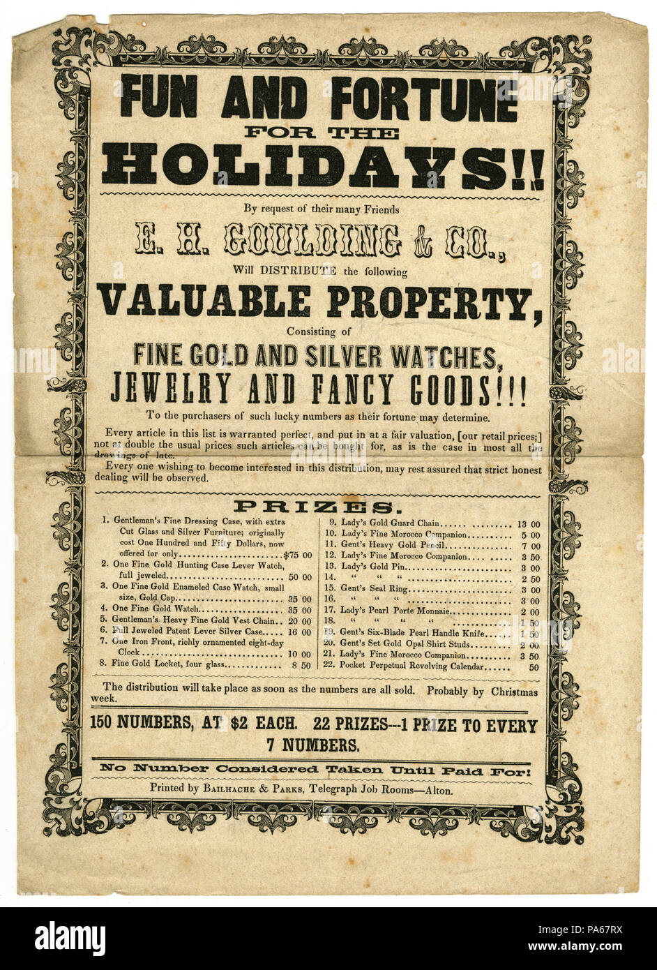 249 costeggiata- E.H. Goulding e Co., pre-Natale lotteria, premi gioielli, orologi, pelletteria, Alton, Ill., 1850-1900 Foto Stock