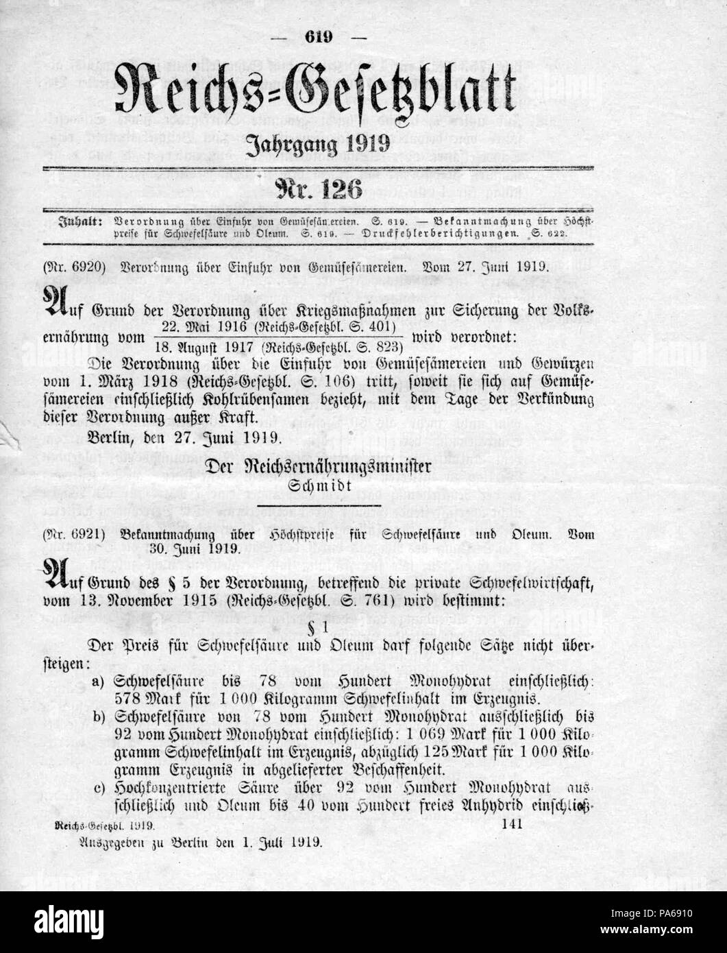489 Deutsches Reichsgesetzblatt 1919 126 0619 Foto Stock