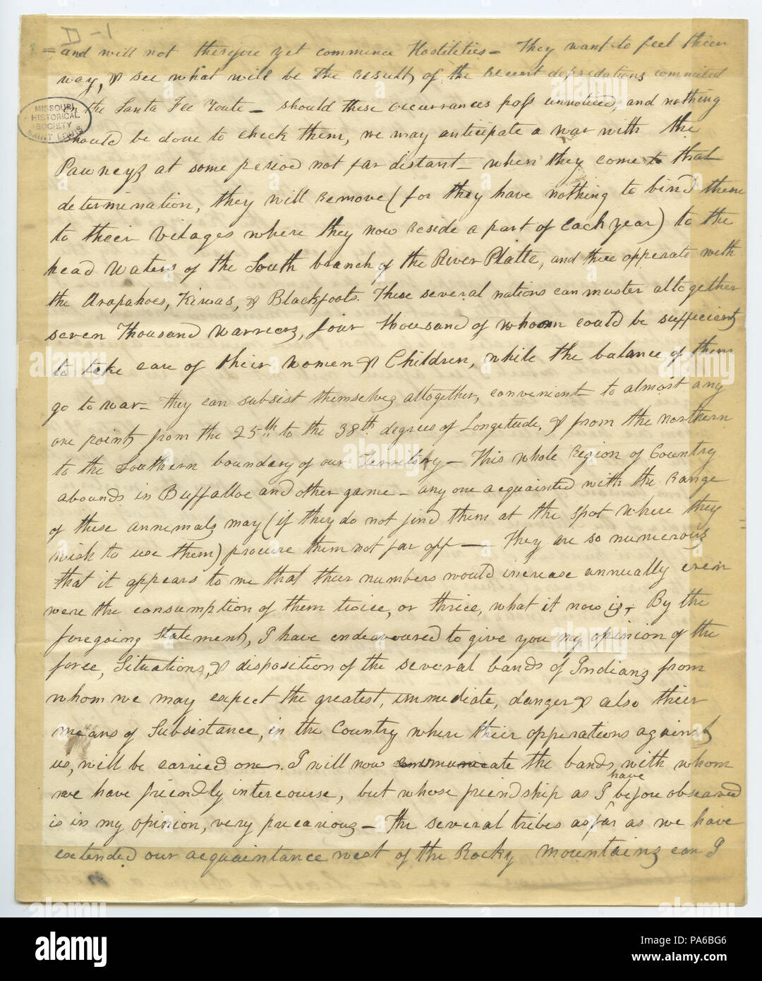 Progetto di lettera di William H. Ashley inizia: "e non vi sarà pertanto ancora iniziare le ostilità . . .", Ca. pagina 1, Marzo 1829. William Henry Ashley raccolta, Missouri History Museum archivi, St. Louis. Numero ID=A0059-00075. Il nome del file=A0059-00075 0001. 590 Progetto di lettera di William H. Ashley inizia- "e non vi sarà pertanto ancora iniziare le ostilità . . .", Ca. Marzo 1829 Foto Stock