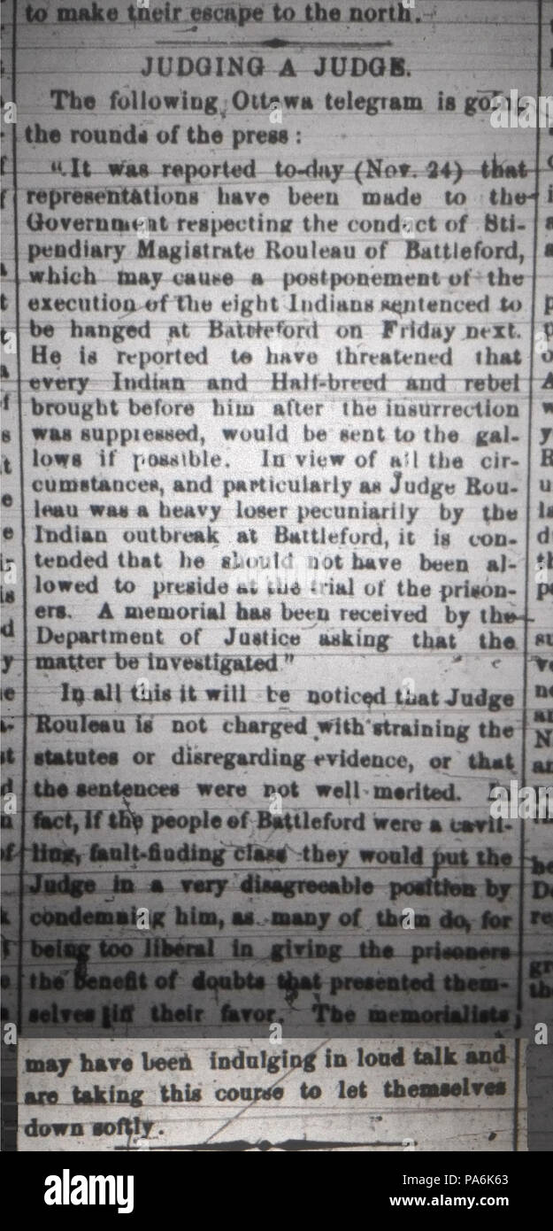 189 Battleford tendaggi - Polarizzazione del giudice, articolo del Saskatchewan Herald, Dicembre 14th, 1885 Foto Stock