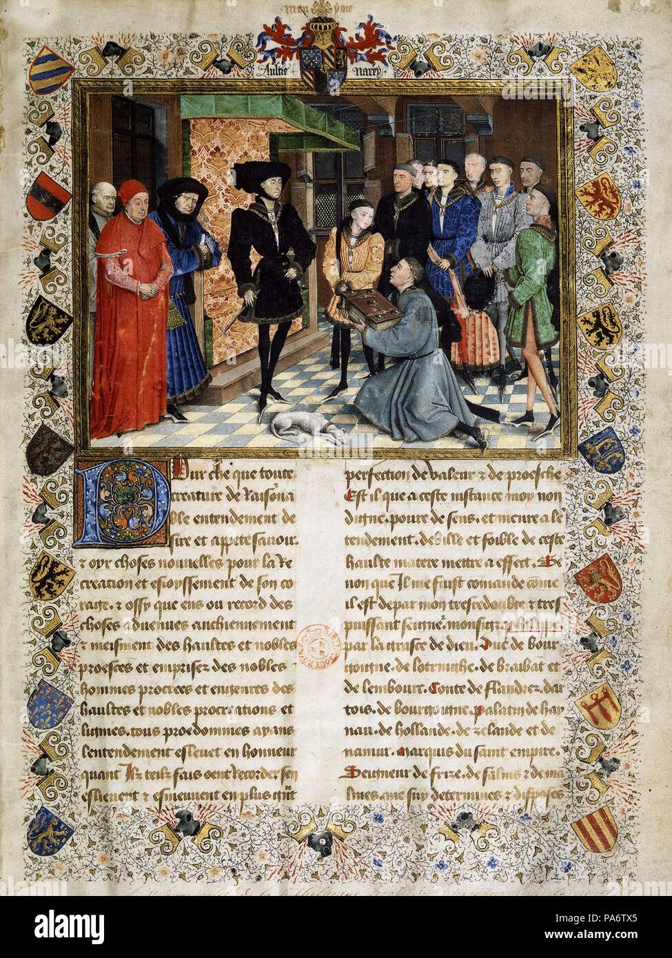 Jean Wauquelin presentando la sua "Chroniques de' Hainaut a Filippo il Buono. Museo: Bibliothèque Royale de Belgique. Foto Stock